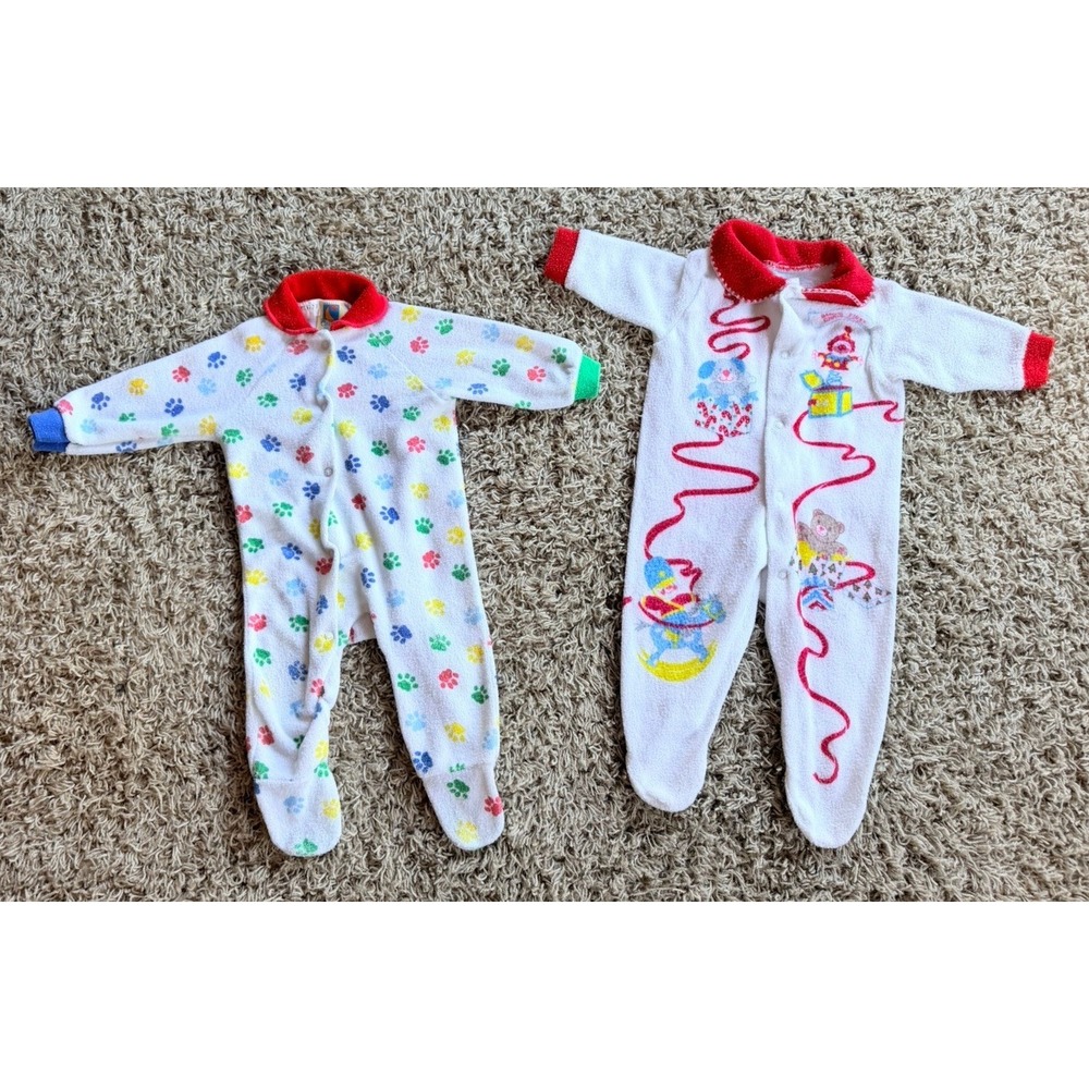 Vintage 3Months Terry Cloth Footed Sleepers Dog Paws & 1st Christmas Carters